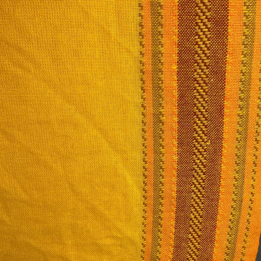 Vintage yellow 70’s tablecloth orange stripes down side 2 in middle 52 x 61 404